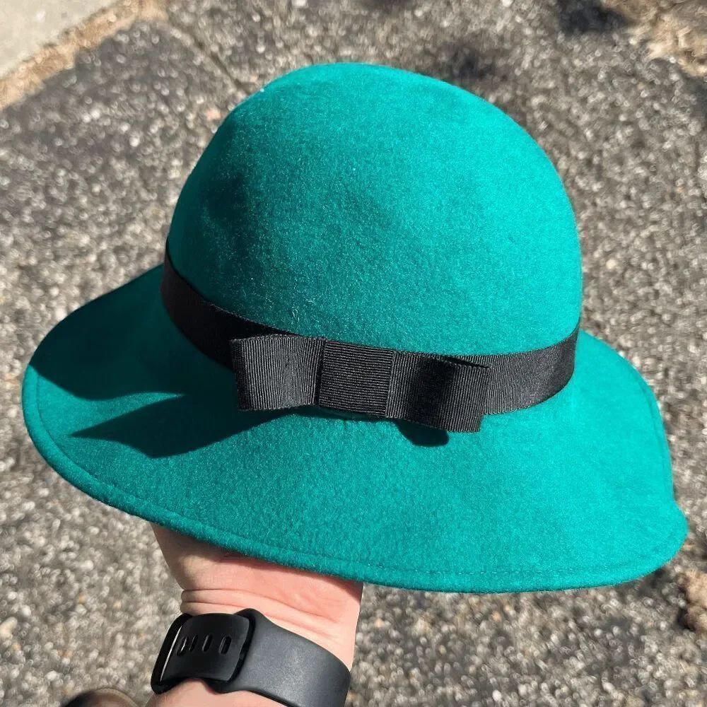 VTG 50s Bollman Green Wool Doeskin Cloche Hat Bow